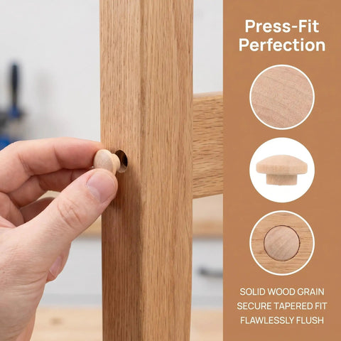 Hand inserting 120Pcs Wood Screw Hole Plugs With Top for Wooden Furniture Hole Covers, natural grain finish, into wood surface