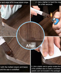 Image showing steps to use Dead On Color 20 Piece Furniture Repair Wax Crayons Kit for fixing scratches on wood.