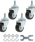 Front view: four 2-inch threaded swivel caster wheels with black polyurethane wheels; includes nuts, washers, and a wrench