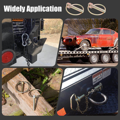Beefed-Up Heavy Duty Lynch Pin Kit With Ring, Six Pin Set used on trailers, tractors, and mowers for secure fastening.