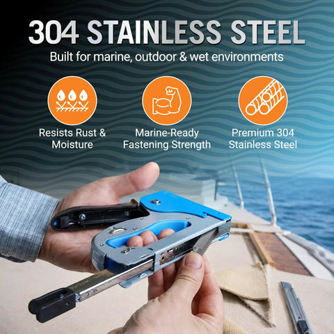 Tough As Nails Marine Grade Type T50 Stainless Steel Staple Gun Nails held in hand, showcasing marine-grade durability for outdoor use.