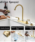 Gold Kitchen Faucet With Side Sprayer And High Pressure Sprayer 8 Inch High Arc 360 Degree Rotating Spout Centerset RV Sink Faucet shown in use with pull-out spray feature