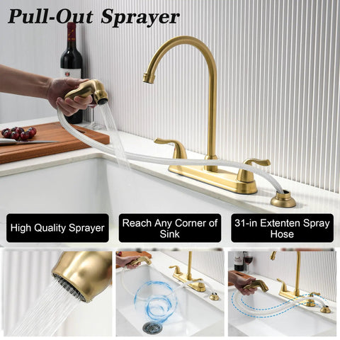 Gold Kitchen Faucet With Side Sprayer And High Pressure Sprayer 8 Inch High Arc 360 Degree Rotating Spout Centerset RV Sink Faucet shown in use with pull-out spray feature