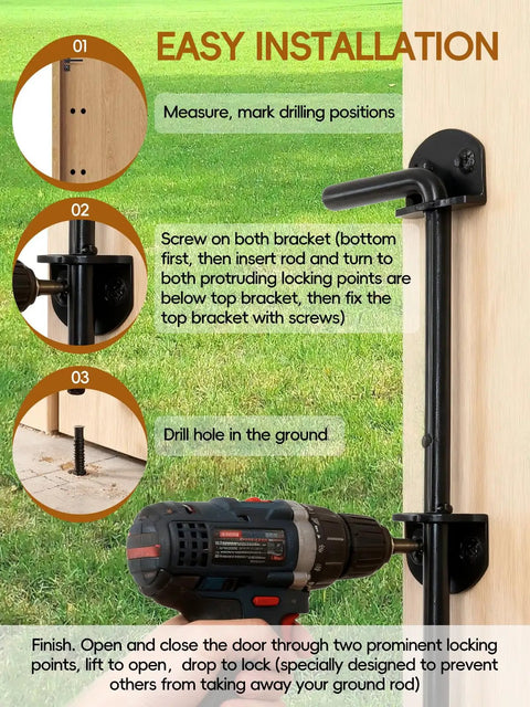 Easy installation of Heavy Duty Cane Bolt Gate Drop Rod Stopper for Wood Metal Vinyl Fences, Ground Pin Latch Keeps Gates Secure, Black