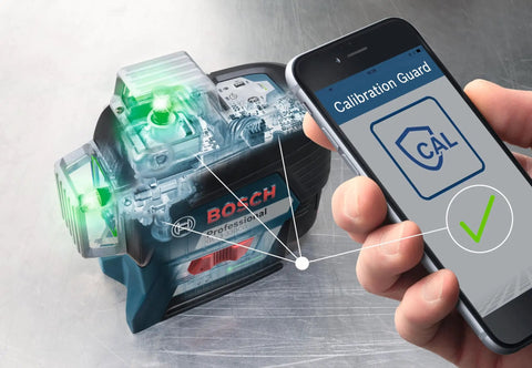 Boss Class 12V Max Three Plane Green Beam Laser Level with Bluetooth app for calibration check visible on smartphone.