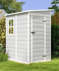5x4 Ft Outdoor Resin Storage Shed With Floor And Lockable Window Door, weatherproof light gray in garden setting