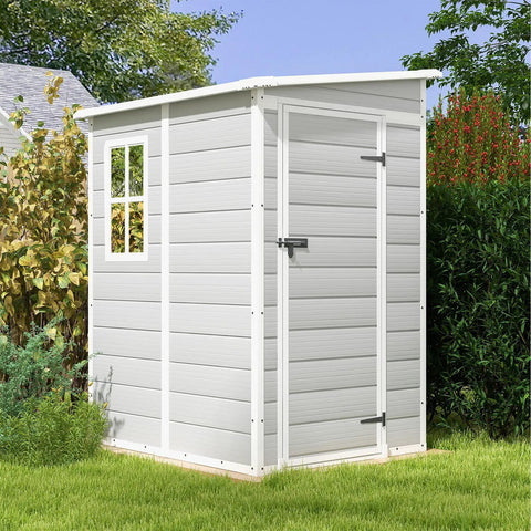 5x4 Ft Outdoor Resin Storage Shed With Floor And Lockable Window Door, weatherproof light gray in garden setting