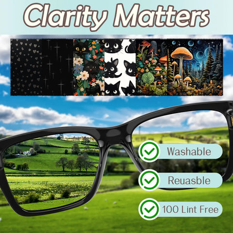 Six-piece set of microfiber eyeglasses cleaning cloths (6.3x6.3 in) with mushroom-cat pattern; reusable screens and lenses