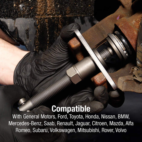 Sunex Tools 3930 brake caliper wind-back tool set in use on a rusty automotive brake assembly
