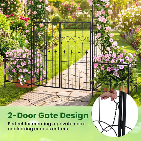 Garden Arbor With Gate And Planter, Metal Arch Trellis With Double Doors, flowers climbing, 79x81 inches, outdoor use
