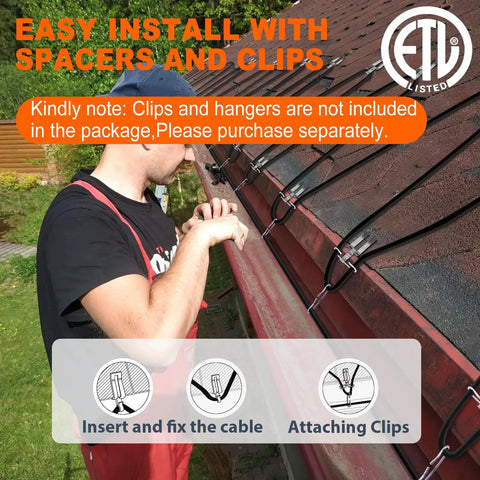 Installing Self Regulating 120V Sewage Pipe Heating Cable For Buried Pipes And Wastewater Systems Sump Pumps Roof Deicing No Brainer Fluoropolymer Corrosion Proof Freeze Protection ETL UL Certified 75Ft JHSF1-CT on roof with spacers and clips