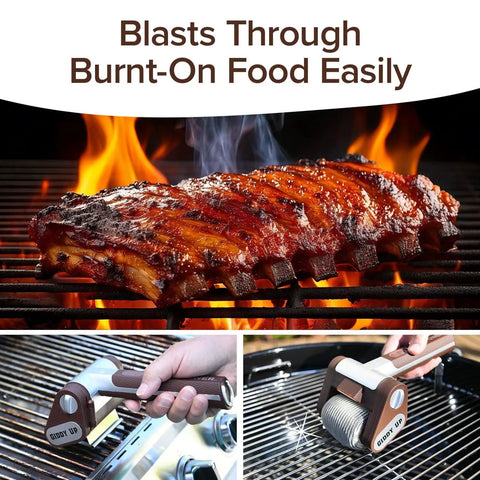 Giddy Up Grill Cleaner Cordless BBQ Scrubber with 350 RPM Stainless Roller cleaning a flaming grill with ribs.