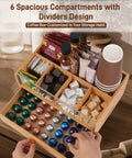 Slick Two Tier Coffee Bar Organizer With Clear Acrylic Window Top And Built In Drawer, Compact Countertop Storage Box For Coffee Pods And Mugs showing 6 compartments for pods and accessories.