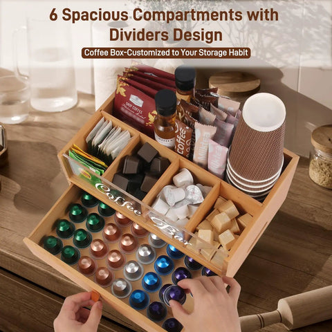 Slick Two Tier Coffee Bar Organizer With Clear Acrylic Window Top And Built In Drawer, Compact Countertop Storage Box For Coffee Pods And Mugs showing 6 compartments for pods and accessories.