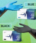 Two FifthPulse nitrile glove boxes displaying blue and black gloves, 100 gloves per box