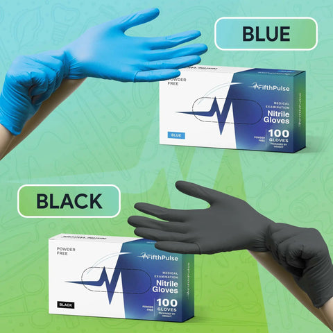 Heavy Duty Black Nitrile Gloves Extra Large Case Of One Thousand Medical Grade Powder Free Latex Free Disposable Exam Gloves displayed with blue nitrile gloves.