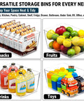 Bulk Clear Storage Bins Set Of 12 With Durable Handles And Blank Labels For Stackable Plastic Pantry Organization Across Kitchen Fridge Freezer Closet Shelving And Laundry Areas To Kick Clutter To The Curb with snacks, fruits, drinks, and toys.