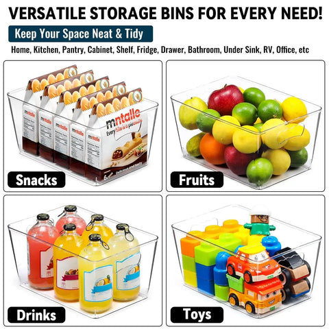 Bulk Clear Storage Bins Set Of 12 With Durable Handles And Blank Labels For Stackable Plastic Pantry Organization Across Kitchen Fridge Freezer Closet Shelving And Laundry Areas To Kick Clutter To The Curb with snacks, fruits, drinks, and toys.