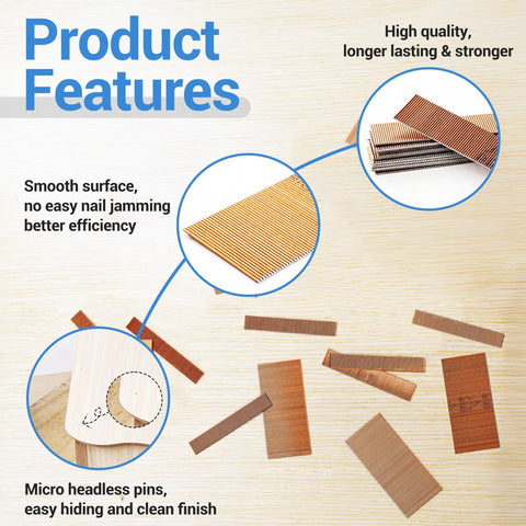 Product features of Twenty Three Gauge One Inch Galvanized Pin Nails For Nail Guns, highlighting smooth surface and micro headless pins.
