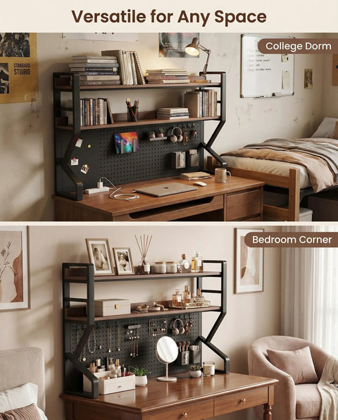 2-Tier Open Desk Organizer With DIY Pegboard in dorm and bedroom, holding books, stationary, plants, and decor.