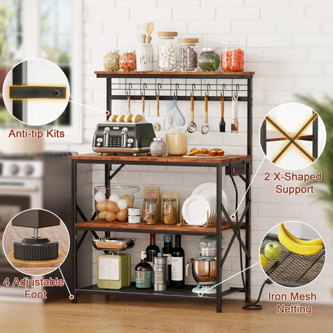 Rustic Brown Kitchen Bakers Rack With Power Outlets And A 31.5 Inch Desktop Four Tier Storage Coffee Bar Station With Eight S Hooks Microwave And Spice Organizer For Pots And Appliances displayed in kitchen setup
