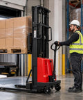 3500 Lbs Semi Electric Pallet Stacker Heavy Duty Workhorse lifting boxes in a warehouse with operator in safety gear.