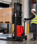 Tough As Nails Industrial Grade 3500 Lbs Electric Pallet Stacker Lift Game Changer For Busy Warehouses, operator lifting boxes in warehouse.
