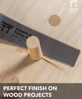 Heavy Duty Six Inch Japanese Flush Cut Saw With Double Edge Pull Design cutting flush with dowel in wood surface.