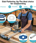 Person using Pro Grade Slab Flattening Jig For Woodworking Routers on wooden slab with adjustable rails, in workshop setting.