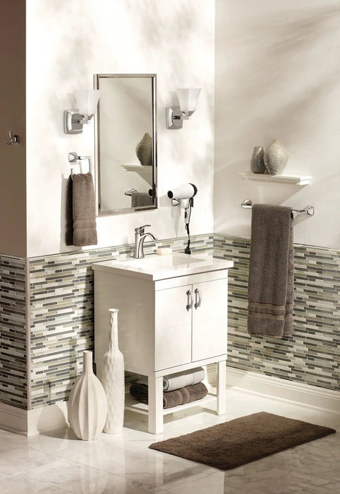 Voss Collection Modern Square Wall Mount Hand Towel Ring In Chrome Finish in stylish bathroom with towels and chrome accents