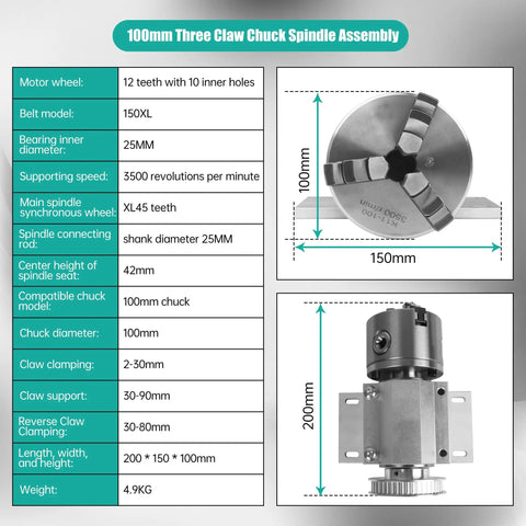 No Powered Multi Function Lathe Chuck Spindle Assembly With 3 Jaw 100mm Chuck for CNC Lathe Grinder and Table Saw