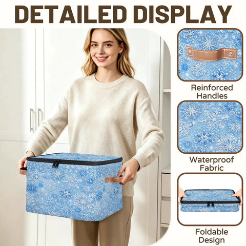 Heavy Duty Waterproof Polyester Storage Containers With A Slick Two Way Zipper Closure And Blue White Snowflake Design held by a person.
