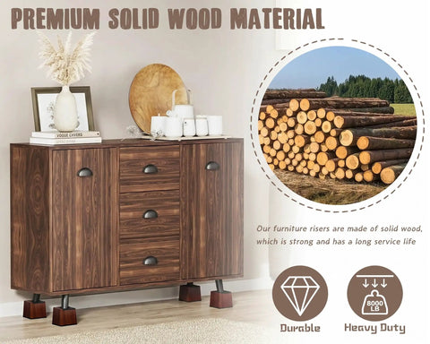 Solid Wood Bed Risers Set Of Four Kick Those Wobbly Legs Up With Heavy Duty Furniture Risers for Couches Chairs and Beds featuring thick rubber bottoms.