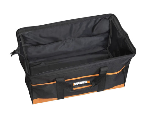 Big Zippered Tool Tote For DIY Pros, Heavy Duty Nylon Case open with interior view, showing multiple pockets and twin carry handles.