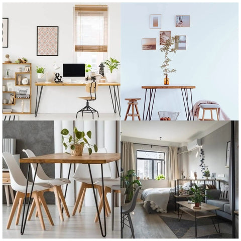 Collage of furniture with Industrial Hairpin Leg Set Of 4 Black Powder Coated Metal Furniture Legs for tables and desks.