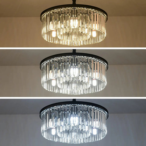 2-Tier Black Modern Crystal Chandelier With 6 Lights, 21.6 Inch Diameter Round Flush Mount Ceiling Fixture in various lighting modes