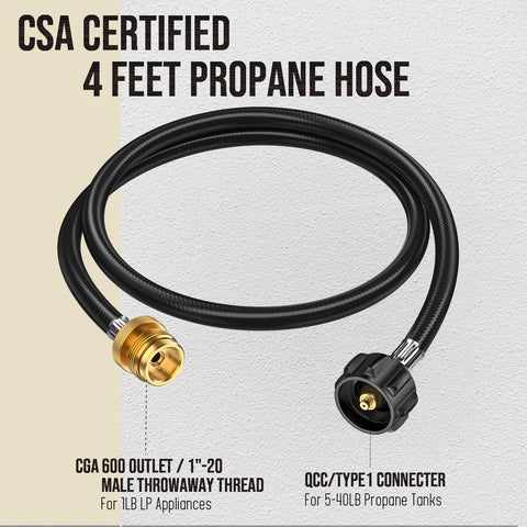 Four Foot Propane Hose Adapter From 1Lb To 20Lb Tank Converter For Mr Big Buddy Heater Coleman Stove with brass fittings