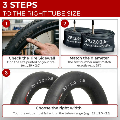 Steps to select Pack Of 2 29 Inch Bike Inner Tubes With 48mm Presta Valve For Mountain And Hybrid Bikes Fits 29 Inch Tires From 2.1 To 2.6 Inches Made From Durable Butyl Rubber For Easy Inflation And Reliable Air Retention Ride Ready