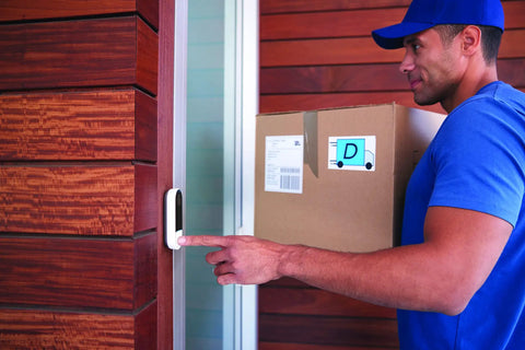 Delivery person pressing Smart Video Doorbell 1080P HD With Real Time Alerts, Optional 24 Seven Recording, Motion And Sound Detection