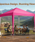 No Fuss Easy Setup 10x10 Pop Up Canopy Tent With No Sidewalls providing shade for people relaxing outdoors by the mountains.