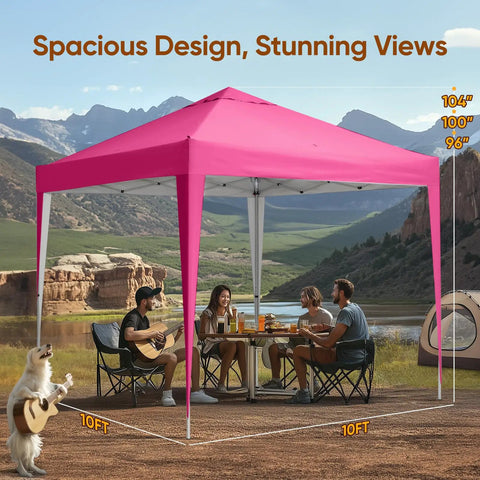 No Fuss Easy Setup 10x10 Pop Up Canopy Tent With No Sidewalls providing shade for people relaxing outdoors by the mountains.