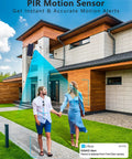 2K Solar Powered Outdoor Security Camera with Pan Tilt Zoom placed on house capturing couple walking with PIR motion sensor alert
