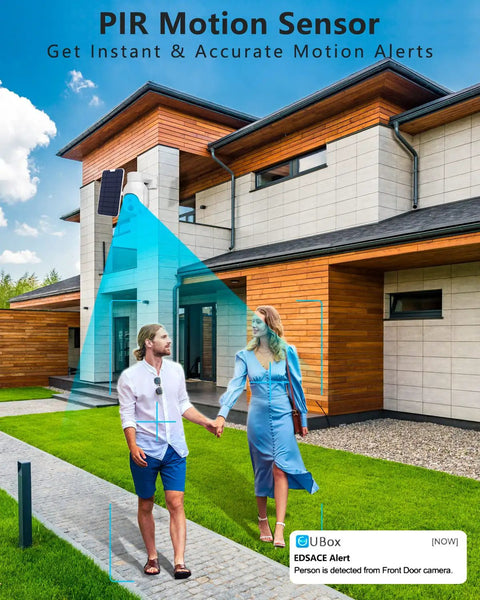 2K Solar Powered Outdoor Security Camera with Pan Tilt Zoom placed on house capturing couple walking with PIR motion sensor alert