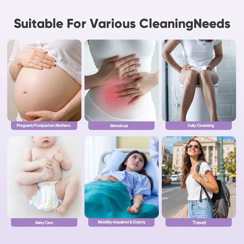 Image highlighting uses for Cordless Handheld Travel Bidet Sprayer With Two Pressure Modes Waterproof Foldable Pocket Size