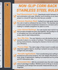 Image of Workhorse Stainless Steel Ruler with Non Slip Cork Back, showing dual inches and centimeters with laser-etched markings.