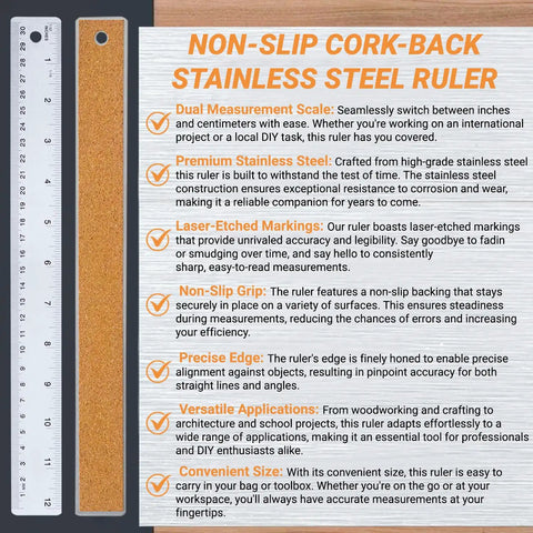 Image of Workhorse Stainless Steel Ruler with Non Slip Cork Back, showing dual inches and centimeters with laser-etched markings.