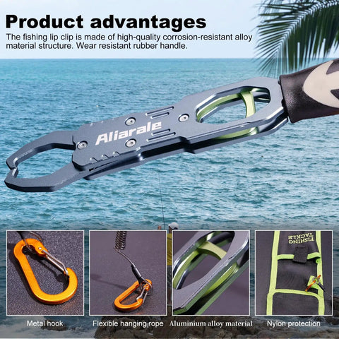 Fish Lip Gripper With Weight Scale And 360 Degree Rotation Aluminum Alloy Grip Tool For Handling Up To 40 Pounds Lightweight Portable Non Slip Rubber Handle Extra Wide 1.65 Inch Opening And Reel Safe Tackle Clip
