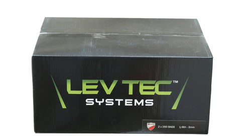 Tile Leveling System Pro Grade One Eighth Inch Clips 500 Piece Set in black packaging with Lev Tec logo visible.