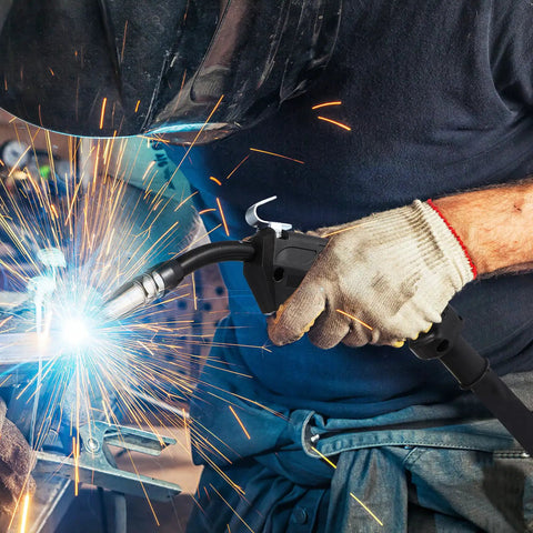 Must Have Gas Electric Welder Torch Parts With Copper Stinger, a person welding with a sleek torch, sparks flying.