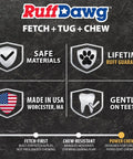 RuffDawg product features chart with safe materials, lifetime guarantee, made in USA, gentle on teeth for Big Dawg Barbell XL Heavy Duty Solid Rubber Dog Chew Toy For Medium To Large Dogs 40 Lbs And Up Color Variations Floats And Bounces Made In USA Great For Aggressive Chewers.